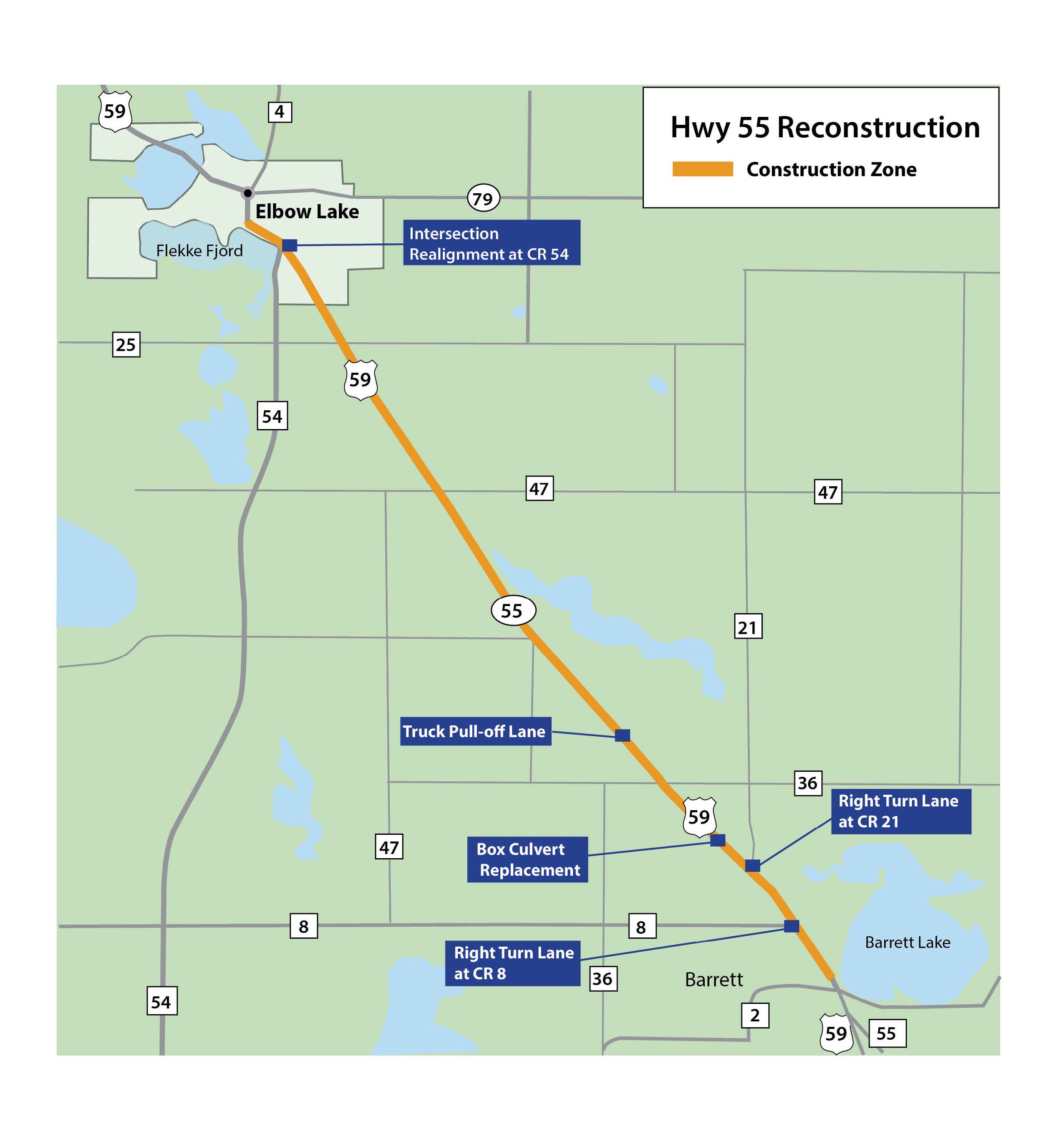 Map shows Highway 55 from Barrett to Hoffman as closed. Traffic is being detoured to Highways 59 and 27. 